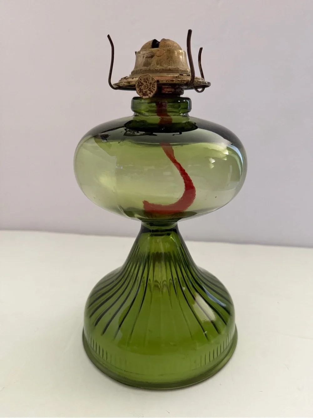 Vintage Olive Green Glass Oil Lamp 10”